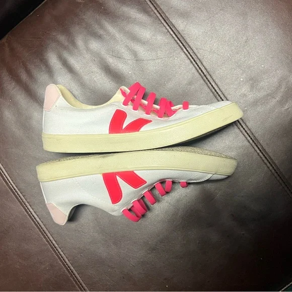 Veja Esplar SE Low Canvas Sneakers White Pink Size 7 Slip-On w/ Stretch Laces - Picture 5 of 7